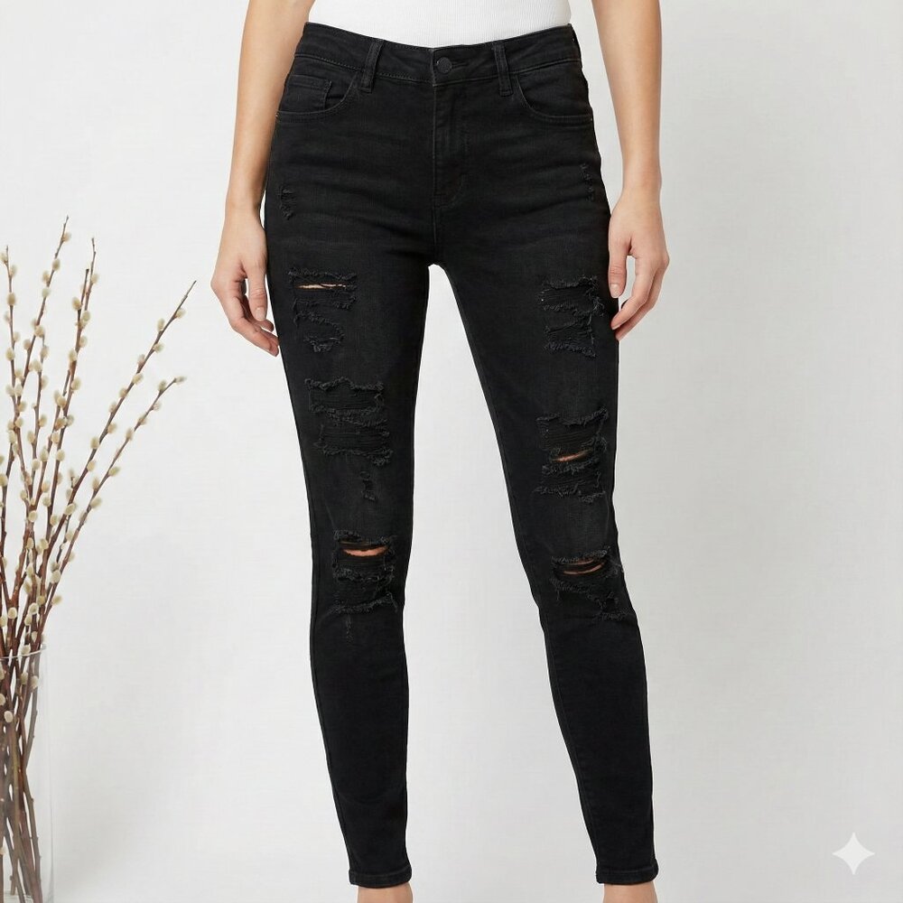Denim Co. Black Distressed Skinny Jeans with Front Rips